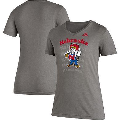 Women's adidas Heathered Gray Nebraska Huskers Vault Logo Repeat Tri-Blend V-Neck T-Shirt