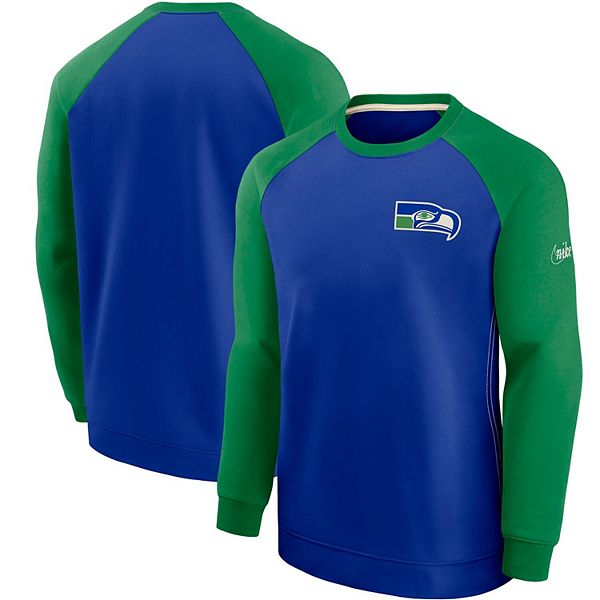 Men's Nike Royal/Green Seattle Seahawks Historic Raglan Crew Performance Sweater Size: Extra Large