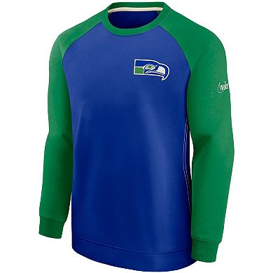 Men's Nike Royal/Green Seattle Seahawks Historic Raglan Crew Performance Sweater