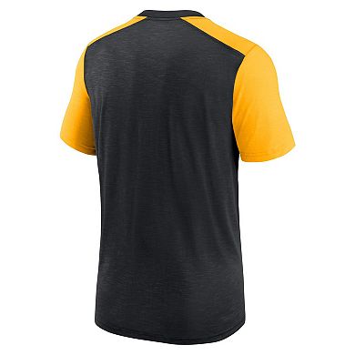 Men's Nike Heathered Black/Heathered Gold Pittsburgh Steelers Color Block Team Name T-Shirt