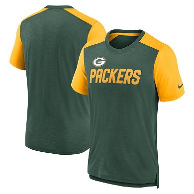 Men's Nike Heathered Green/Heathered Gold Green Bay Packers Color Block Team Name T-Shirt