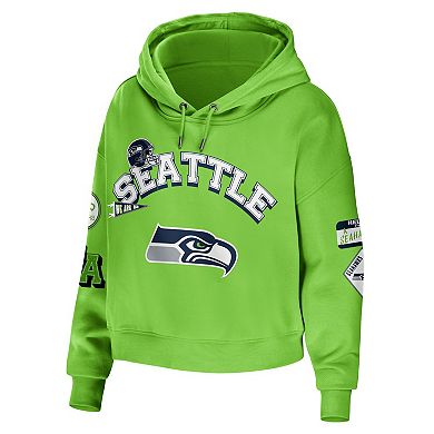 Women's WEAR by Erin Andrews Neon Green Seattle Seahawks Plus Size Modest Cropped Pullover Hoodie