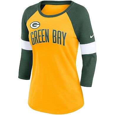 Women's Nike Green Bay Packers Heathered Gold/Heathered Green Football Pride Slub 3/4 Raglan Sleeve T-Shirt