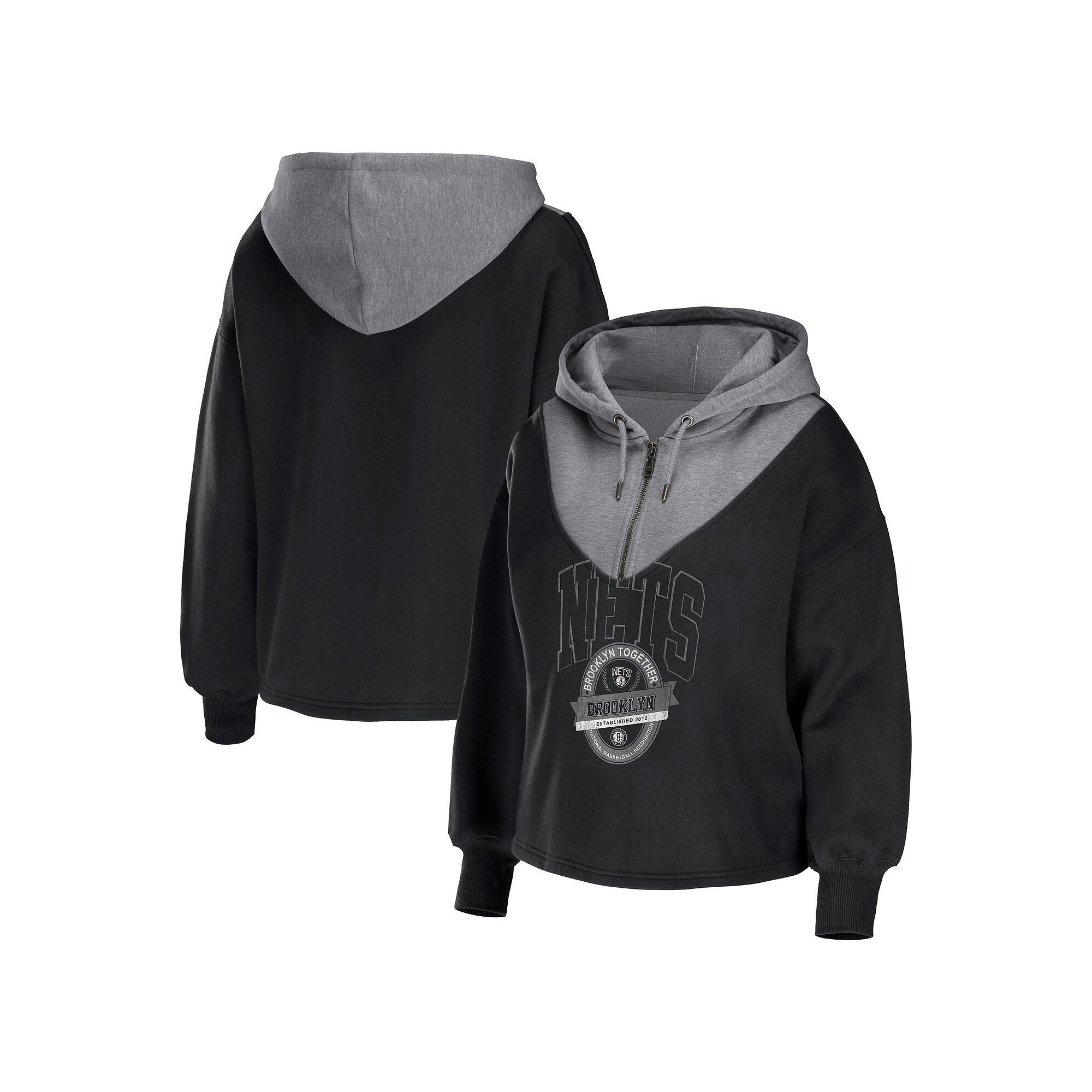 Womens WEAR by Erin Andrews Black Brooklyn Nets Pieced Quarter-Zip Hoodie 