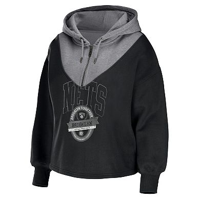 Women's WEAR by Erin Andrews Black Brooklyn Nets Pieced Quarter-Zip Hoodie Jacket