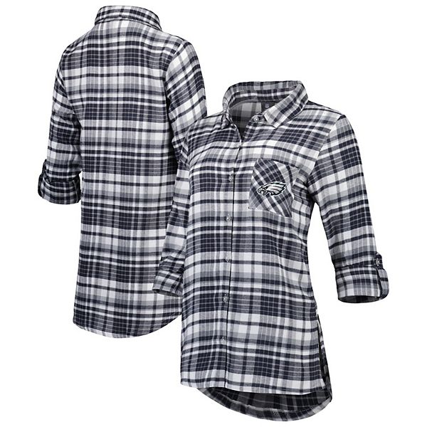 Women's Antigua Black/Gray Philadelphia Eagles Instinct Flannel Long Sleeve  Button-Up Shirt