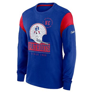 Men's Nike Heathered Royal New England Patriots Slub Rewind Playback Helmet Long Sleeve T-Shirt