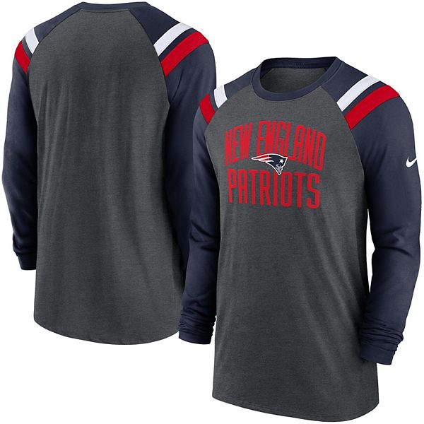 Men's Nike Heathered Charcoal/Navy New England Patriots Tri-Blend Raglan  Athletic Long Sleeve Fashion T-Shirt