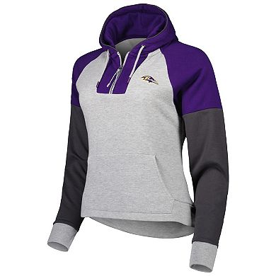 Women's Antigua Heathered Gray/Purple Baltimore Ravens Jackpot Raglan Half-Zip Pullover Hoodie