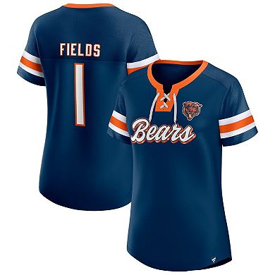 Women's Fanatics Branded Justin Fields Navy Chicago Bears Athena Name & Number Notch Neck T-Shirt