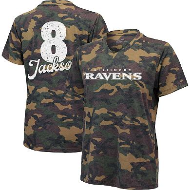 Women's Majestic Threads Lamar Jackson Camo Baltimore Ravens Name & Number V-Neck Tri-Blend T-Shirt