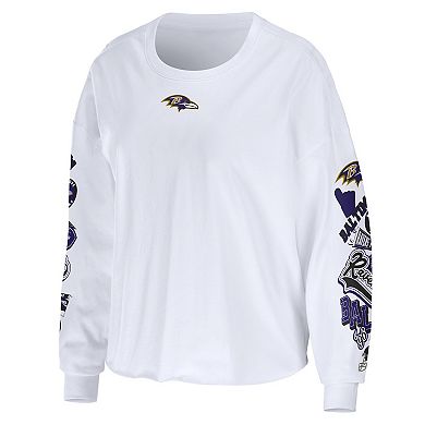 Women's WEAR by Erin Andrews White Baltimore Ravens Celebration Cropped Long Sleeve T-Shirt