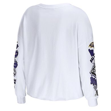 Women's WEAR by Erin Andrews White Baltimore Ravens Celebration Cropped Long Sleeve T-Shirt