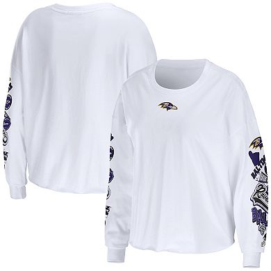 Women's WEAR by Erin Andrews White Baltimore Ravens Celebration Cropped Long Sleeve T-Shirt