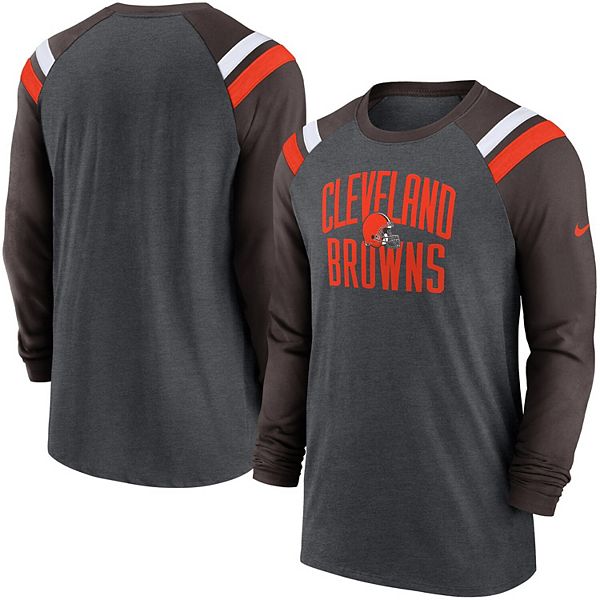 Men's Nike Heathered Charcoal/Brown Cleveland Browns Tri-Blend Raglan  Athletic Long Sleeve Fashion T-Shirt