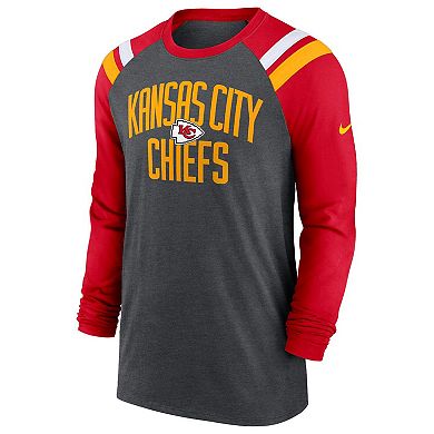 Men's Nike Heathered Charcoal/Red Kansas City Chiefs Tri-Blend Raglan Athletic Long Sleeve Fashion T-Shirt