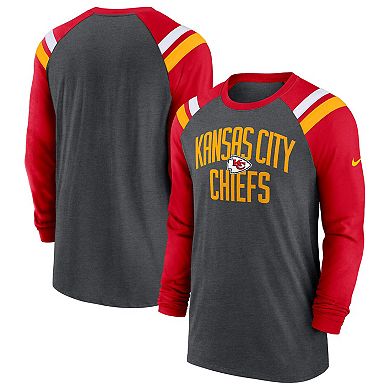 Men's Nike Heathered Charcoal/Red Kansas City Chiefs Tri-Blend Raglan Athletic Long Sleeve Fashion T-Shirt