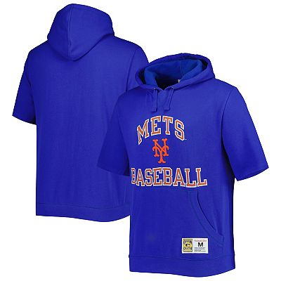 Men s Mitchell Ness Royal New York Mets Cooperstown Collection Washed Fleece Pullover Short Sleeve Hoodie