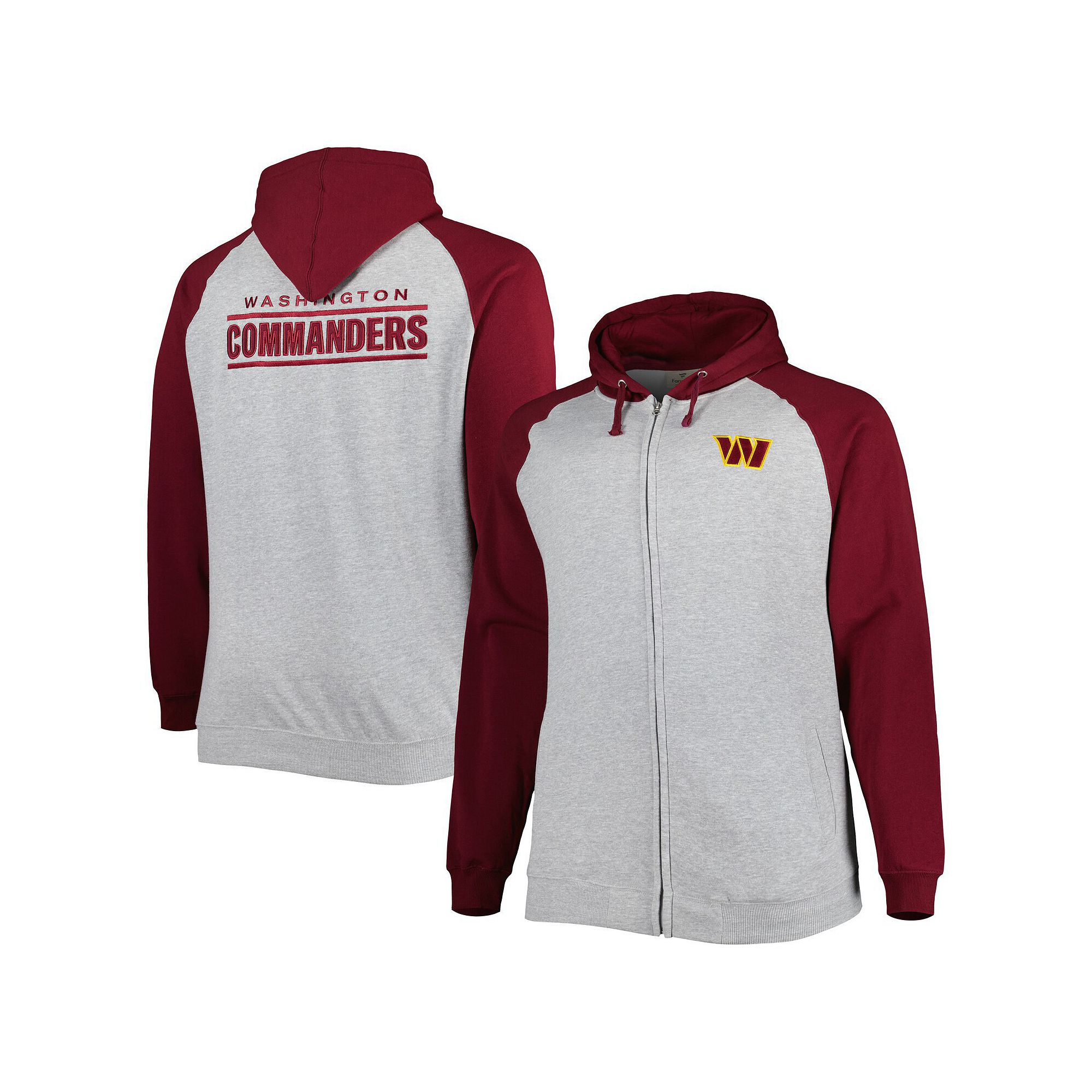 Mens Heather Gray Washington Commanders Big & Tall Fleece Raglan Full-Zip 