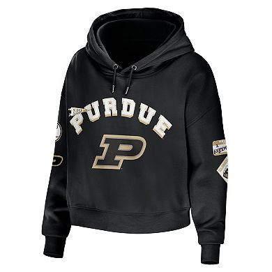 Women's WEAR by Erin Andrews Black Purdue Boilermakers Mixed Media Cropped Pullover Hoodie