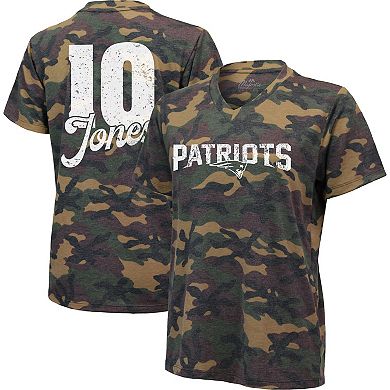 Women's Majestic Threads Mac Jones Camo New England Patriots Name & Number V-Neck Tri-Blend T-Shirt