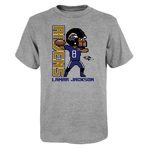 Youth Lamar Jackson Heathered Gray Baltimore Ravens Pixel Player 2.0 T-Shirt