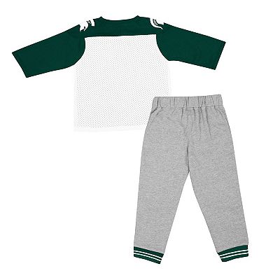 Toddler Colosseum Green/Heather Gray Michigan State Spartans Jingtinglers Football V-Neck Jersey T-Shirt & Pants Set