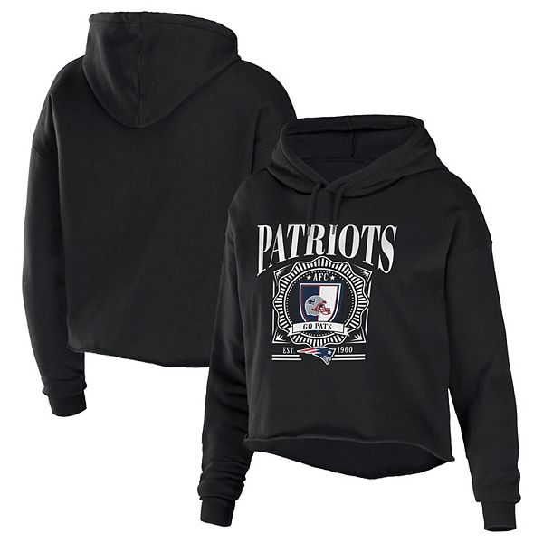 Women's WEAR by Erin Andrews Black New England Patriots Cropped Sponge  Fleece Pullover Hoodie