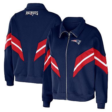 Women's WEAR by Erin Andrews Navy New England Patriots Plus Size Yarn Dye Stripe Full-Zip Jacket
