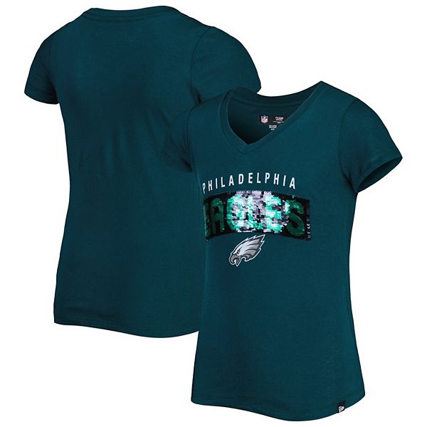 Girls Youth New Era Midnight Green Philadelphia Eagles Reverse Sequin  Wordmark V-Neck T-Shirt