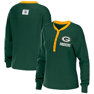 Women s WEAR by Erin Andrews Green Green Bay Packers Waffle Henley Long Sleeve T Shirt