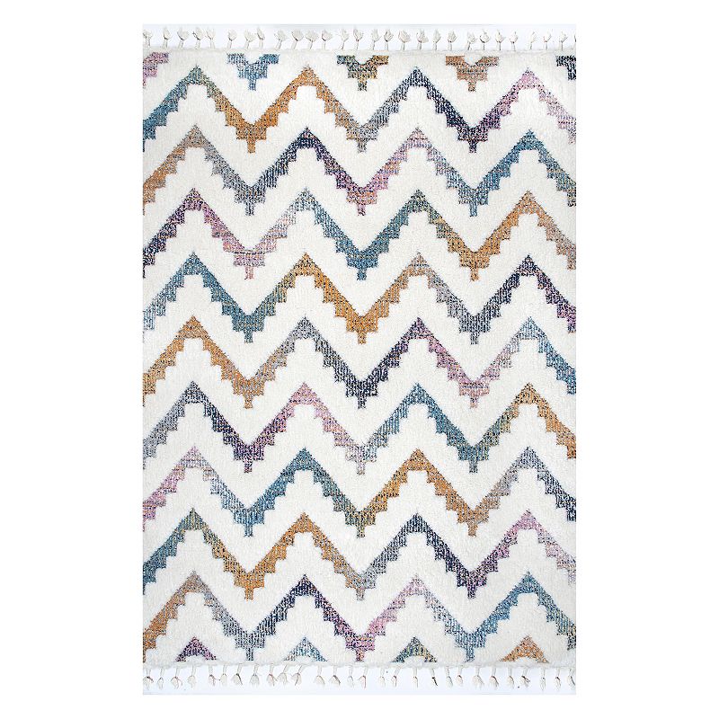 nuLoom Rumi High-Low Chevron Tassel Area Rug, White, 8X10 Ft