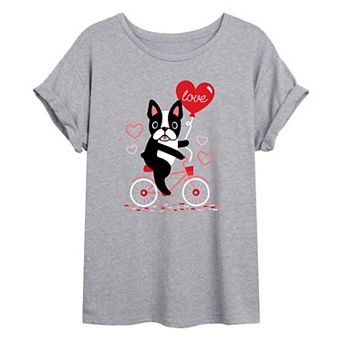 Juniors' Valentine's Day Dog On Bike Oversized Tee