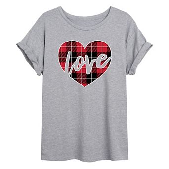 Juniors' Plaid Love Heart Oversized Tee