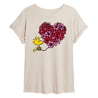 Juniors' Peanuts Woodstock Valentine's Day Floral Heart Oversized Tee