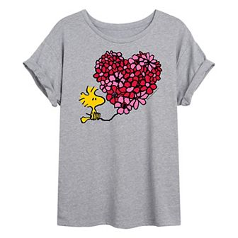 Juniors' Peanuts Woodstock Valentine's Day Floral Heart Oversized Tee