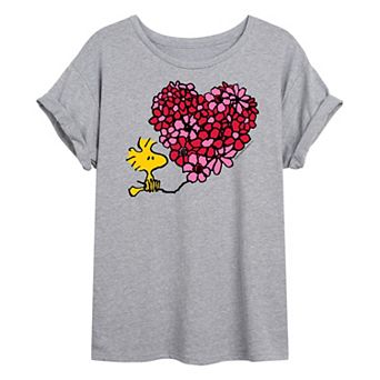Juniors' Peanuts Woodstock Valentine's Day Floral Heart Oversized Tee