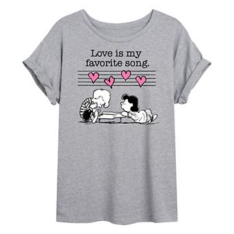 Juniors' Peanuts Schroeder & Lucy Love Song Oversized Tee