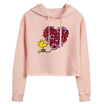 Juniors' Peanuts Woodstock Valentine's Day Floral Heart Cropped Hoodie
