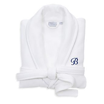 Linum Home Textiles Blue Letter Unisex Personalized Turkish Cotton Waffle Terry Satin Piped Trim Bathrobe