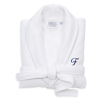 Linum Home Textiles Blue Letter Unisex Personalized Turkish Cotton Waffle Terry Satin Piped Trim Bathrobe