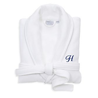 Linum Home Textiles Blue Letter Unisex Personalized Turkish Cotton Waffle Terry Satin Piped Trim Bathrobe