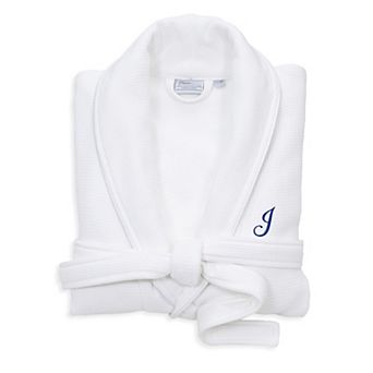 Linum Home Textiles Blue Letter Unisex Personalized Turkish Cotton Waffle Terry Satin Piped Trim Bathrobe