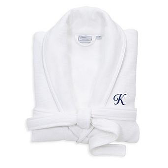 Linum Home Textiles Blue Letter Unisex Personalized Turkish Cotton Waffle Terry Satin Piped Trim Bathrobe