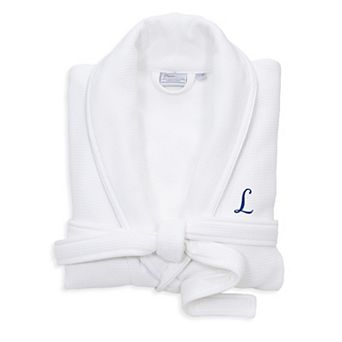 Linum Home Textiles Blue Letter Unisex Personalized Turkish Cotton Waffle Terry Satin Piped Trim Bathrobe