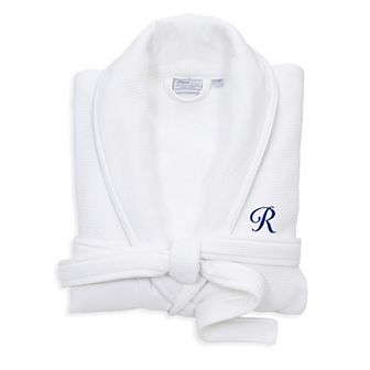 Linum Home Textiles Blue Letter Unisex Personalized Turkish Cotton Waffle Terry Satin Piped Trim Bathrobe