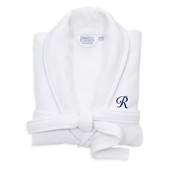 Linum Home Textiles Blue Letter Unisex Personalized Turkish Cotton Waffle Terry Satin Piped Trim Bathrobe