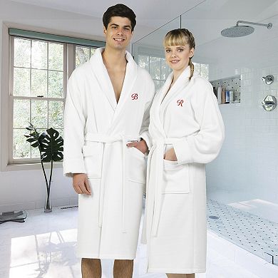 Linum Home Textiles Red Letter Unisex Personalized Turkish Cotton Waffle Terry Satin Piped Trim Bathrobe