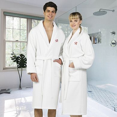 Linum Home Textiles Unisex Personalized Turkish Cotton Waffle Terry Satin Piped Trim Bathrobe