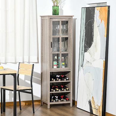 Tall Wine Cabinet Bar Display Cupboard With Glass Door And 3 Storage Compartment